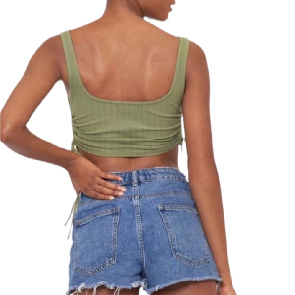 Olive Green Ribbed Ruched Drawstring Tank Top - Picture 2 of 2